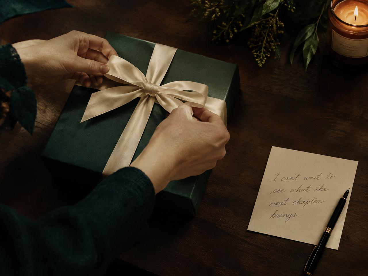 Hands tying an ivory silk ribbon on a forest green gift