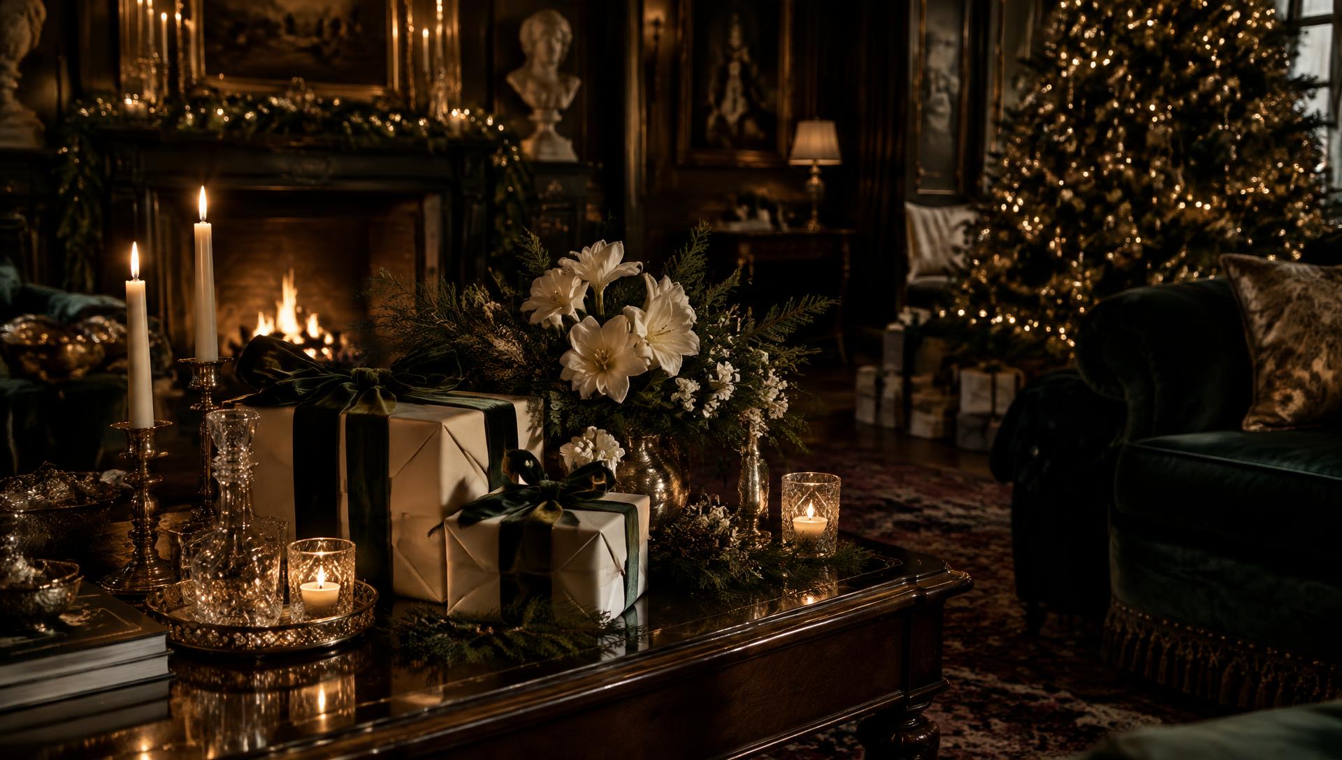 A candlelit walnut salon with ivory gifts tied in green velvet ribbon